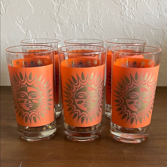 🌞Set of 6 Orange Aztec Celestial MCM 1960s Sunburst Drinking Glasses Tumblers🌞 - Picture 2 of 8